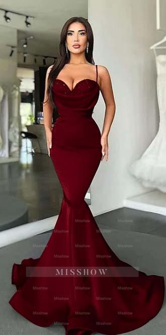 Mermaid Red Spaghetti Strap Sleeveless Sweetheart Formal Dress With Sequins