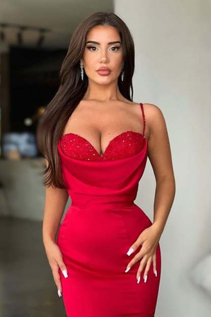Mermaid Red Spaghetti Strap Sleeveless Sweetheart Formal Dress With Sequins