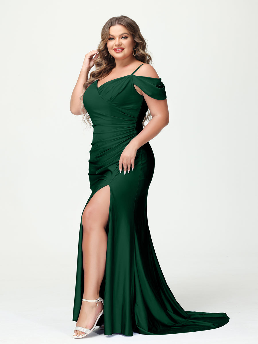 Mermaid Spaghetti Straps V Neck Short Sleeves Plus Size Maxi Dresses with Split Side