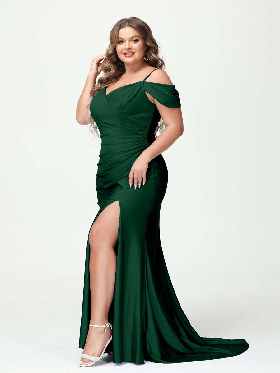 Mermaid Spaghetti Straps V Neck Short Sleeves Plus Size Maxi Dresses with Split Side