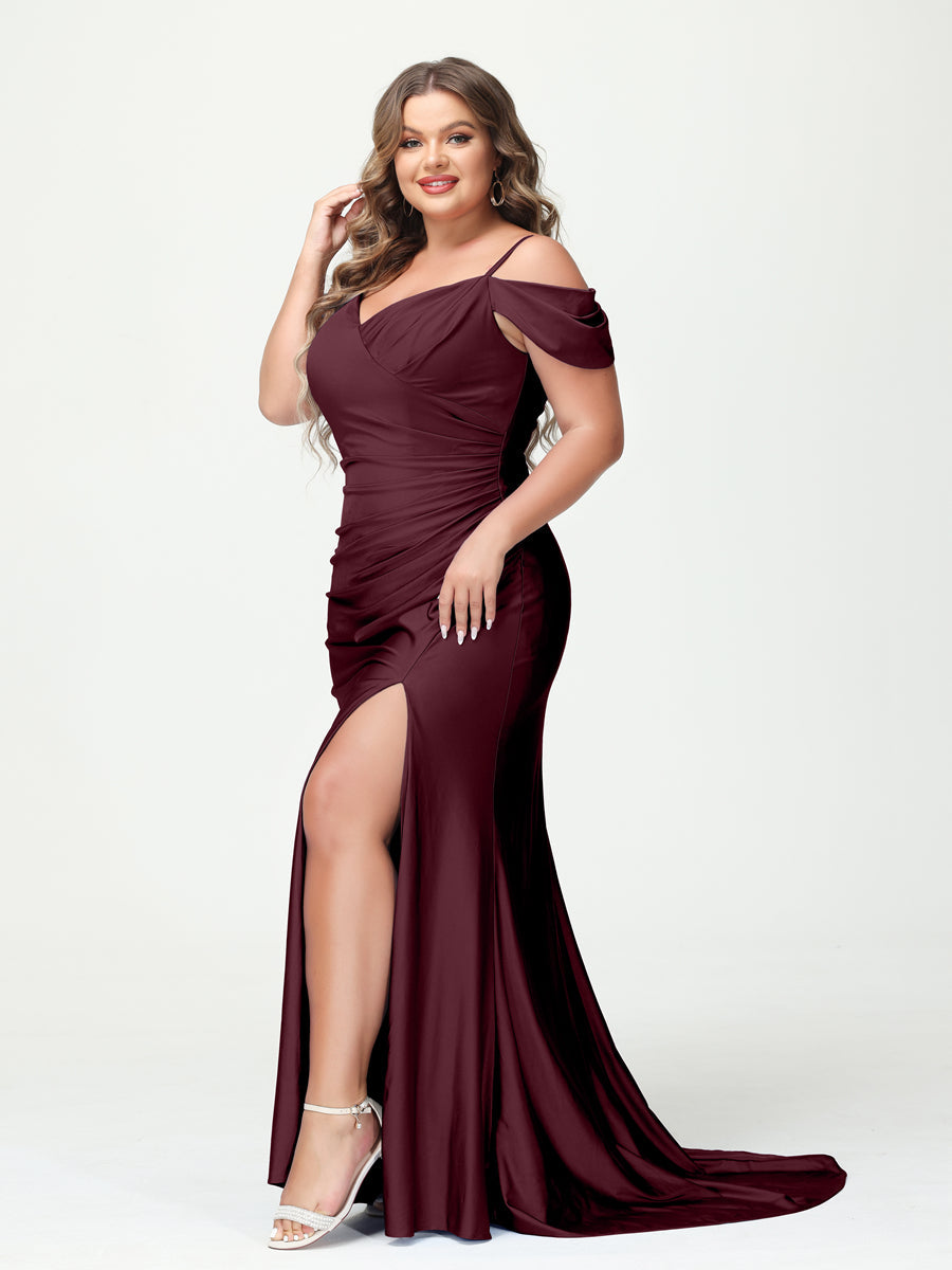 Mermaid Spaghetti Straps V Neck Short Sleeves Plus Size Maxi Dresses with Split Side