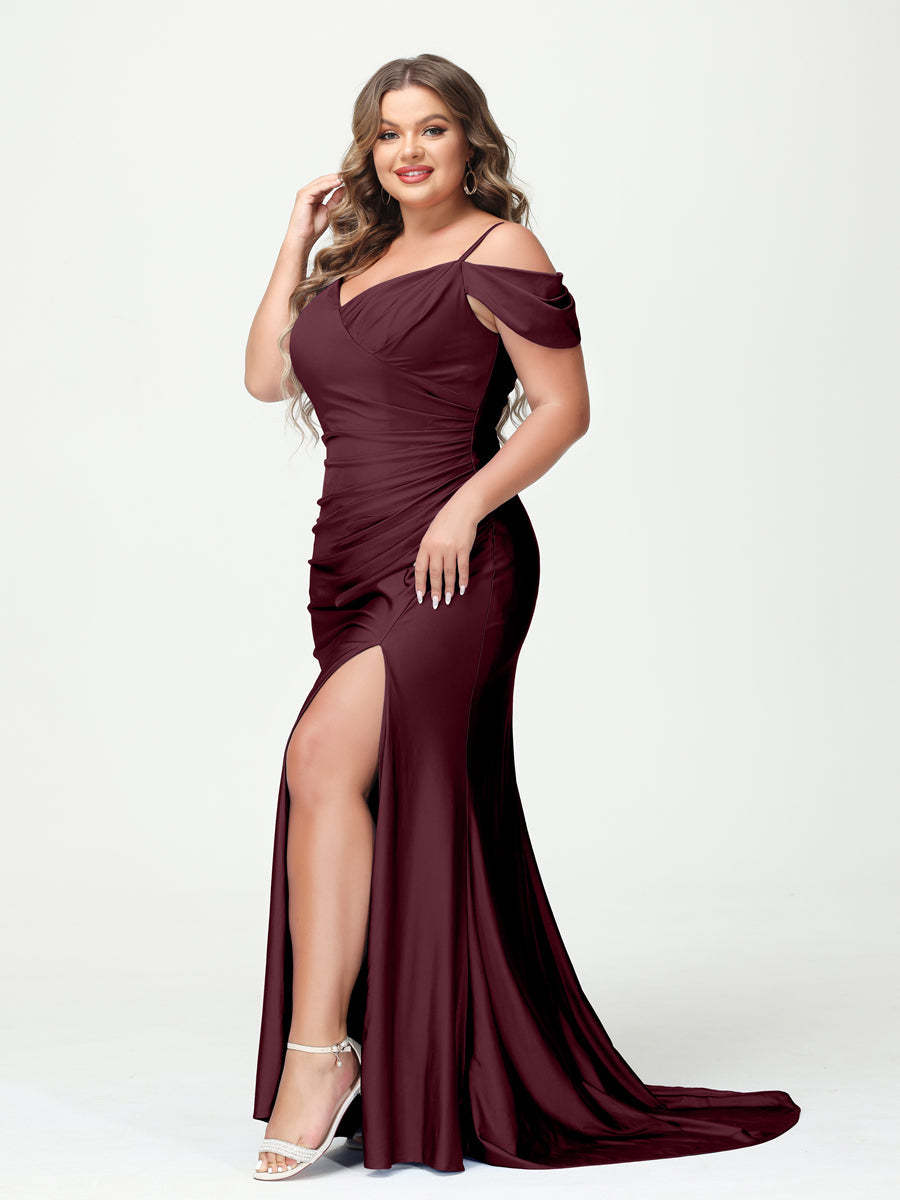 Mermaid Spaghetti Straps V Neck Short Sleeves Plus Size Maxi Dresses with Split Side