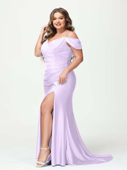 Mermaid Spaghetti Straps V Neck Short Sleeves Plus Size Maxi Dresses with Split Side