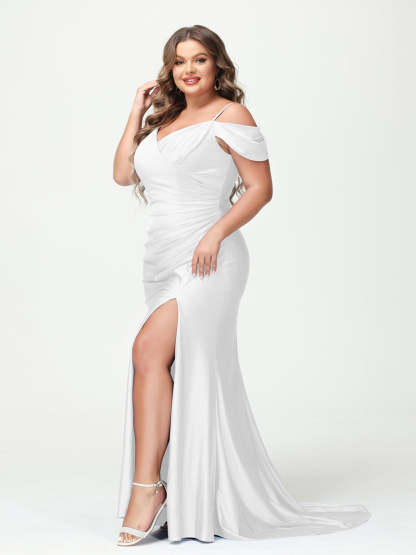 Mermaid Spaghetti Straps V Neck Short Sleeves Plus Size Maxi Dresses with Split Side