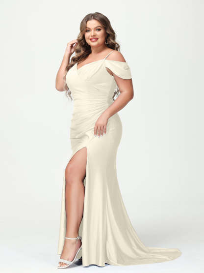 Mermaid Spaghetti Straps V Neck Short Sleeves Plus Size Maxi Dresses with Split Side