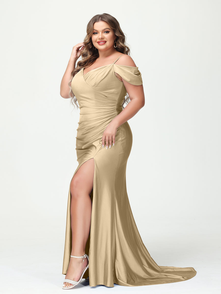 Mermaid Spaghetti Straps V Neck Short Sleeves Plus Size Maxi Dresses with Split Side