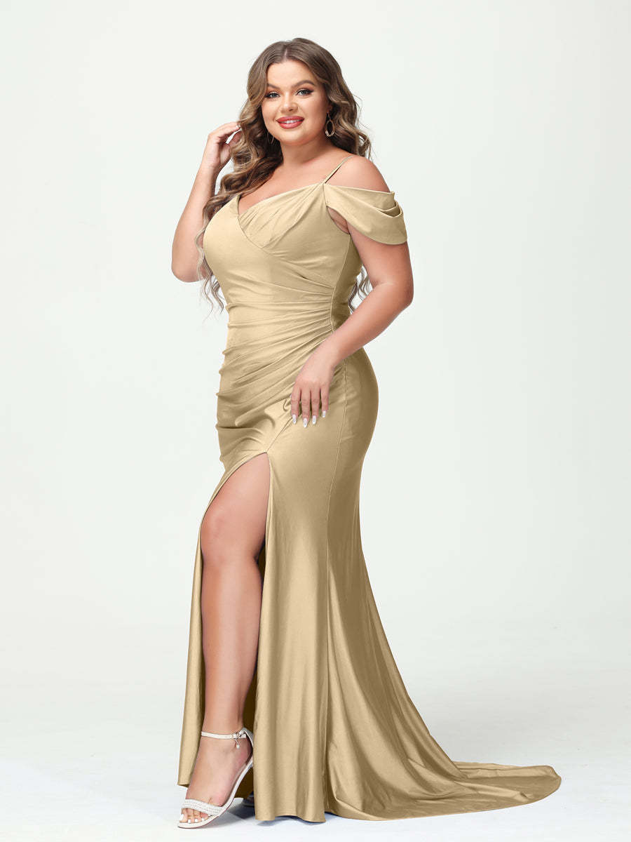Mermaid Spaghetti Straps V Neck Short Sleeves Plus Size Maxi Dresses with Split Side