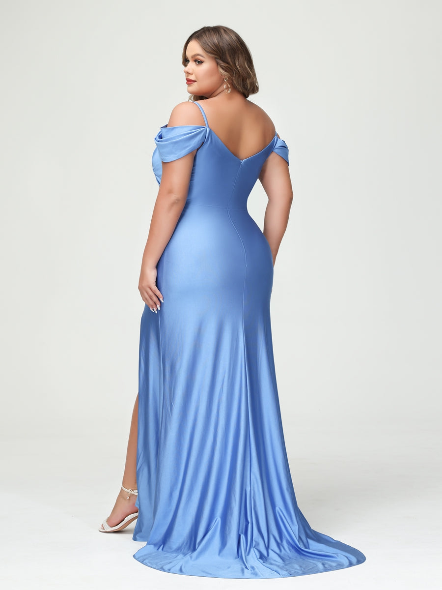 Mermaid Spaghetti Straps V Neck Short Sleeves Plus Size Maxi Dresses with Split Side