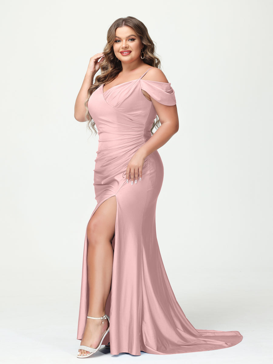 Mermaid Spaghetti Straps V Neck Short Sleeves Plus Size Maxi Dresses with Split Side