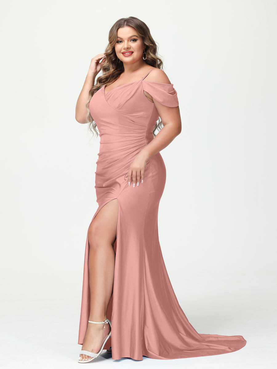 Mermaid Spaghetti Straps V Neck Short Sleeves Plus Size Maxi Dresses with Split Side