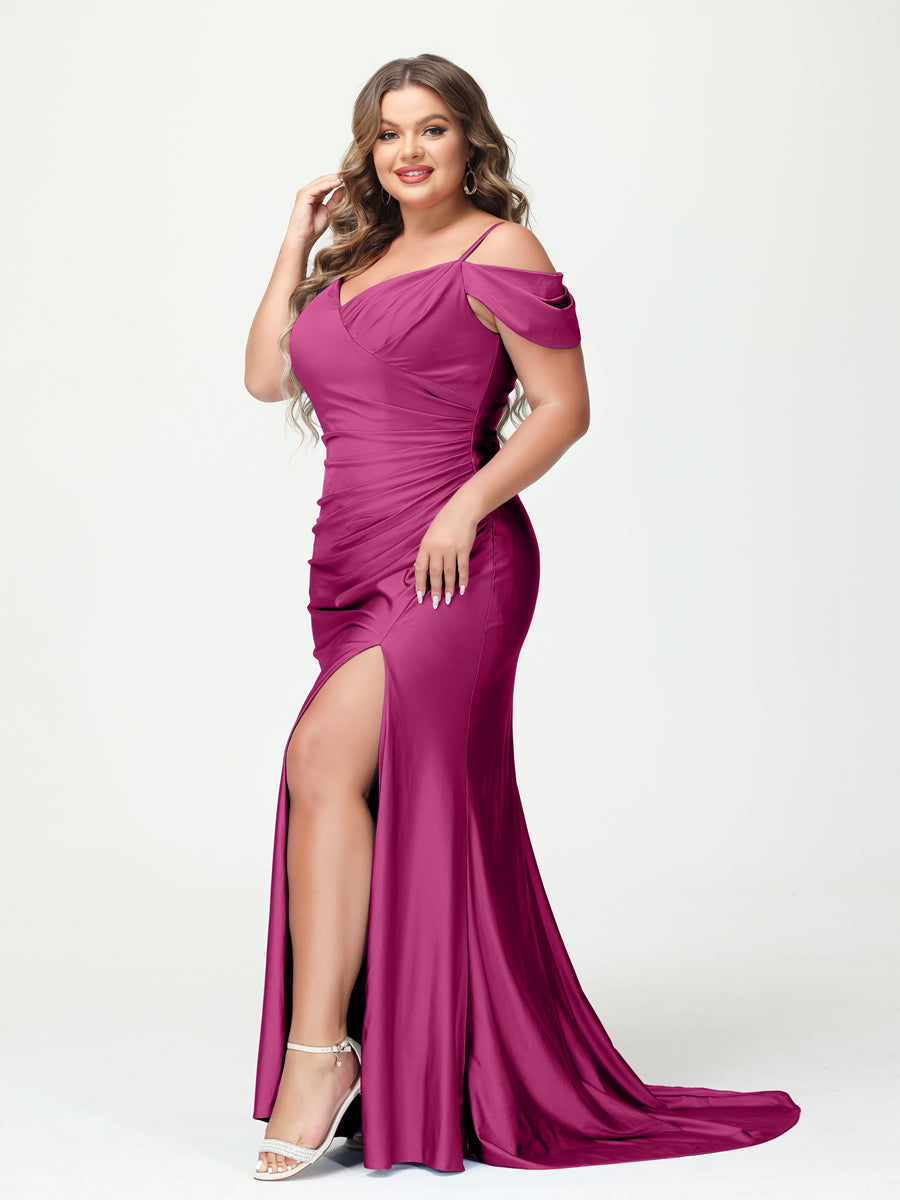 Mermaid Spaghetti Straps V Neck Short Sleeves Plus Size Maxi Dresses with Split Side