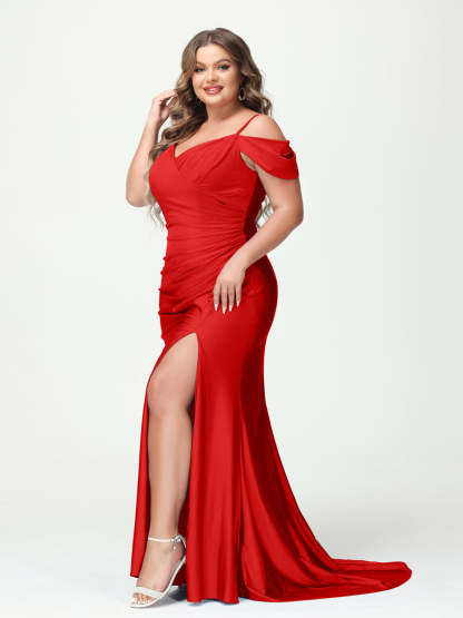 Mermaid Spaghetti Straps V Neck Short Sleeves Plus Size Maxi Dresses with Split Side