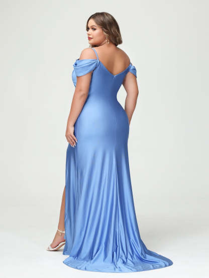 Mermaid Spaghetti Straps V Neck Short Sleeves Plus Size Maxi Dresses with Split Side