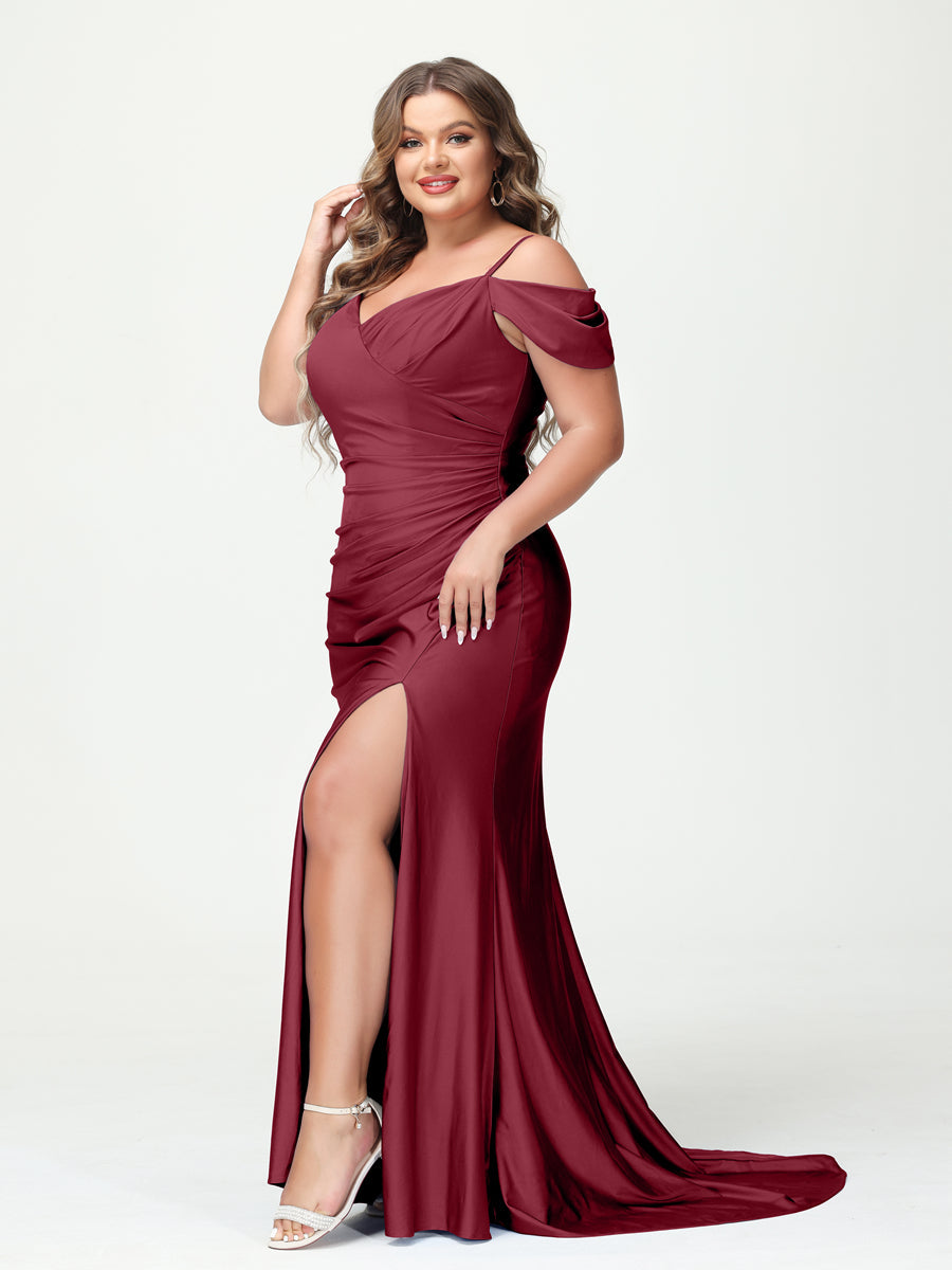 Mermaid Spaghetti Straps V Neck Short Sleeves Plus Size Maxi Dresses with Split Side