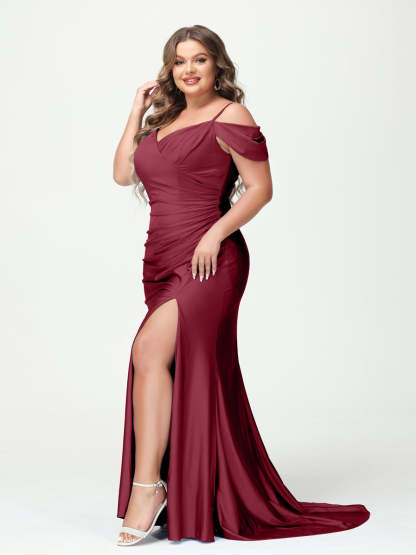 Mermaid Spaghetti Straps V Neck Short Sleeves Plus Size Maxi Dresses with Split Side