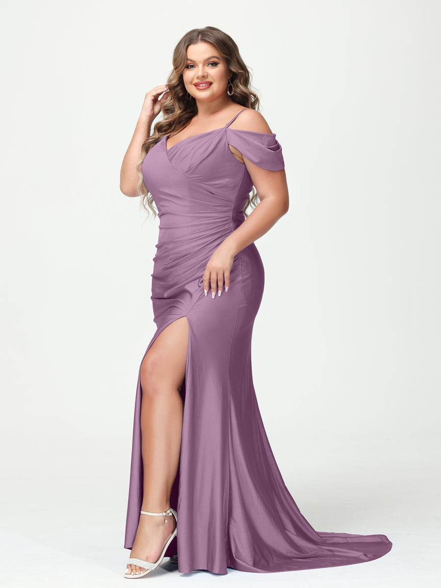 Mermaid Spaghetti Straps V Neck Short Sleeves Plus Size Maxi Dresses with Split Side