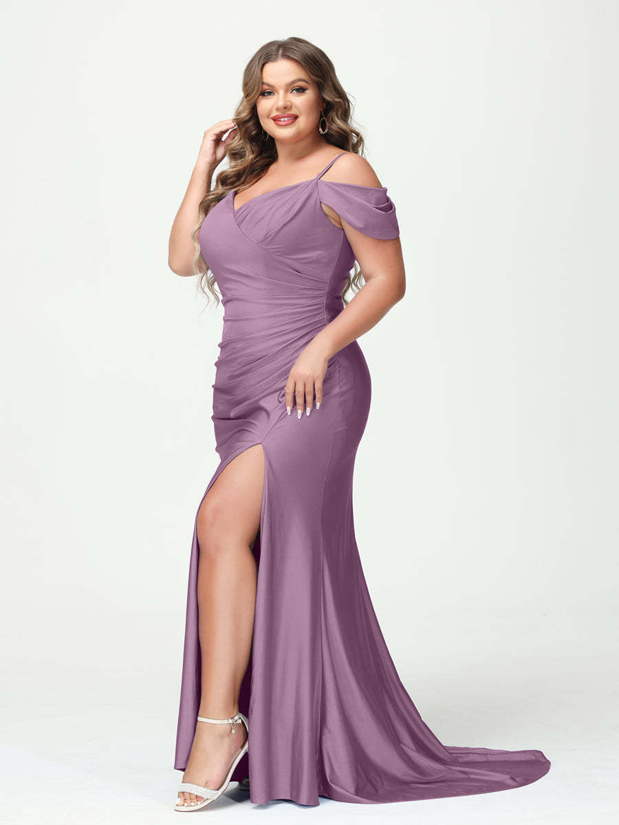 Mermaid Spaghetti Straps V Neck Short Sleeves Plus Size Maxi Dresses with Split Side
