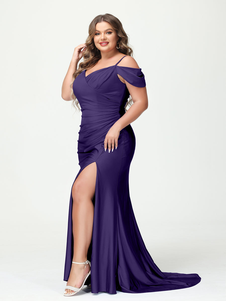 Mermaid Spaghetti Straps V Neck Short Sleeves Plus Size Maxi Dresses with Split Side