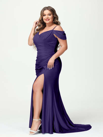 Mermaid Spaghetti Straps V Neck Short Sleeves Plus Size Maxi Dresses with Split Side