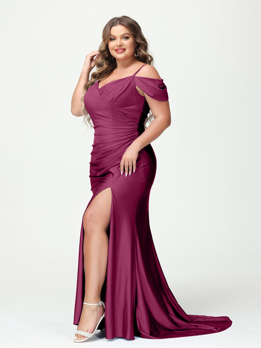 Mermaid Spaghetti Straps V Neck Short Sleeves Plus Size Maxi Dresses with Split Side