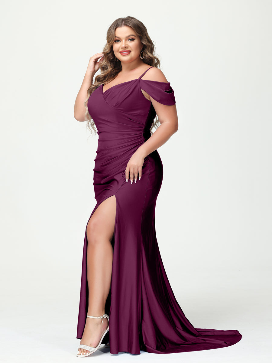 Mermaid Spaghetti Straps V Neck Short Sleeves Plus Size Maxi Dresses with Split Side