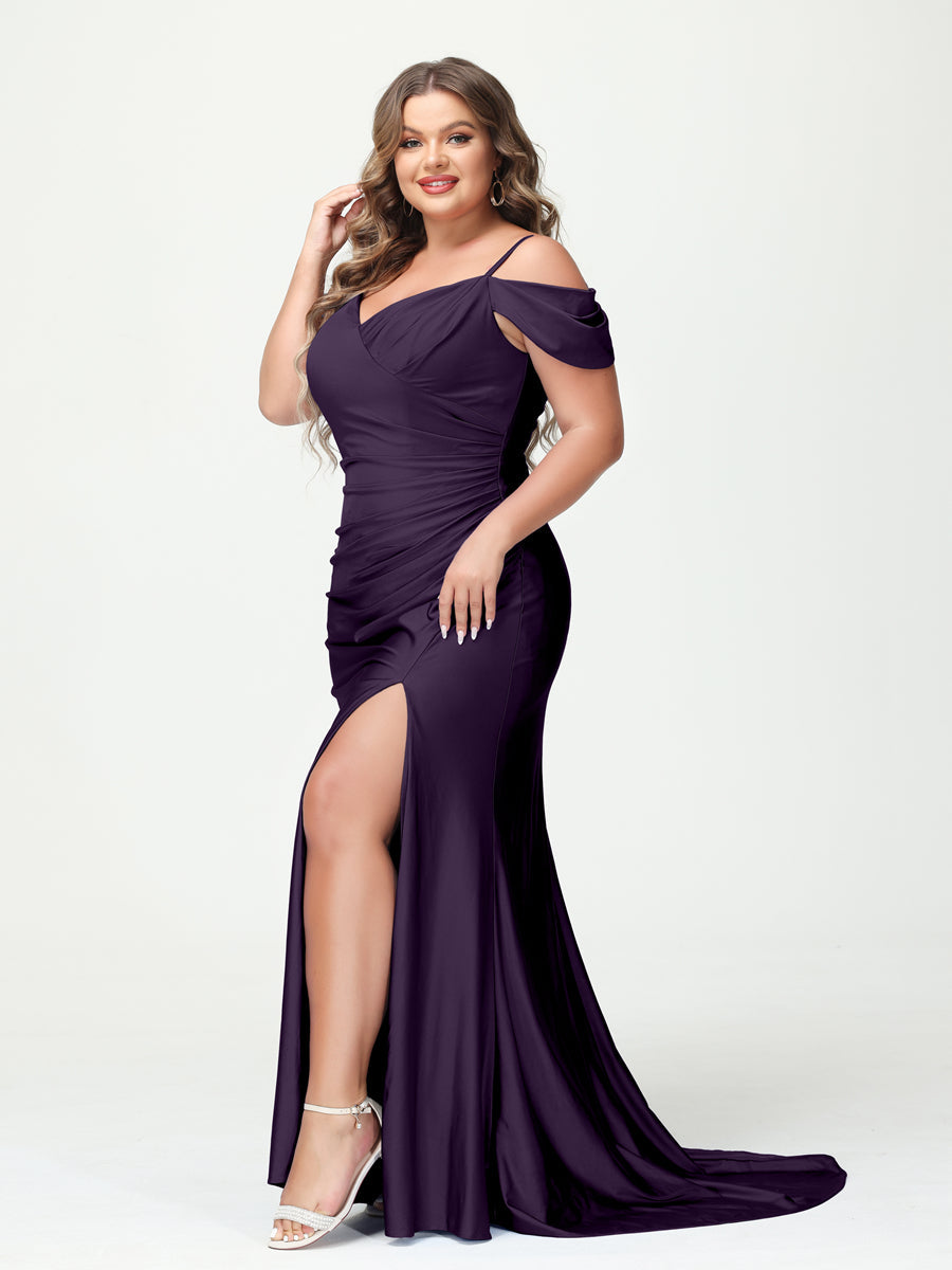 Mermaid Spaghetti Straps V Neck Short Sleeves Plus Size Maxi Dresses with Split Side