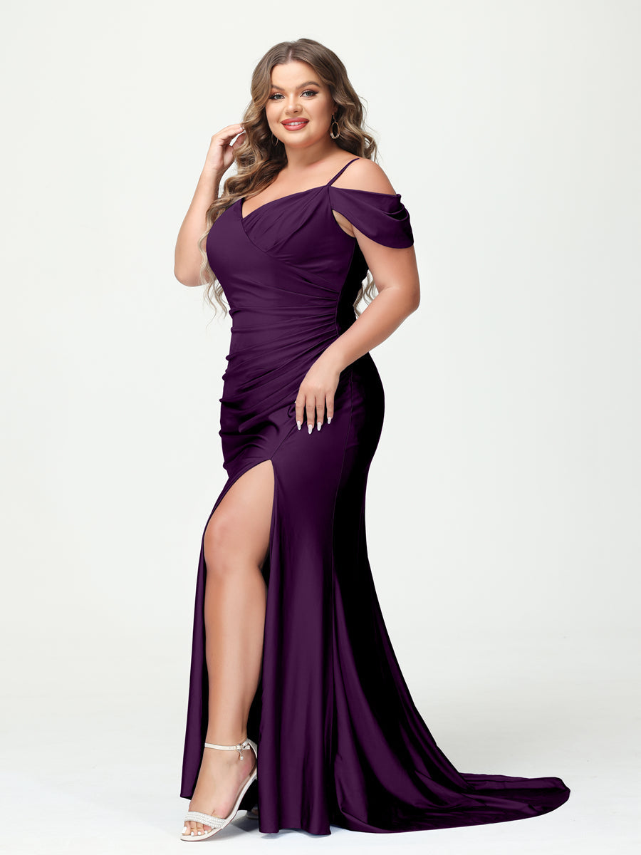 Mermaid Spaghetti Straps V Neck Short Sleeves Plus Size Maxi Dresses with Split Side