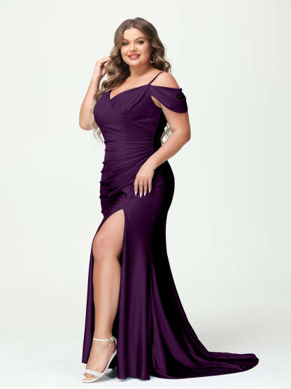 Mermaid Spaghetti Straps V Neck Short Sleeves Plus Size Maxi Dresses with Split Side