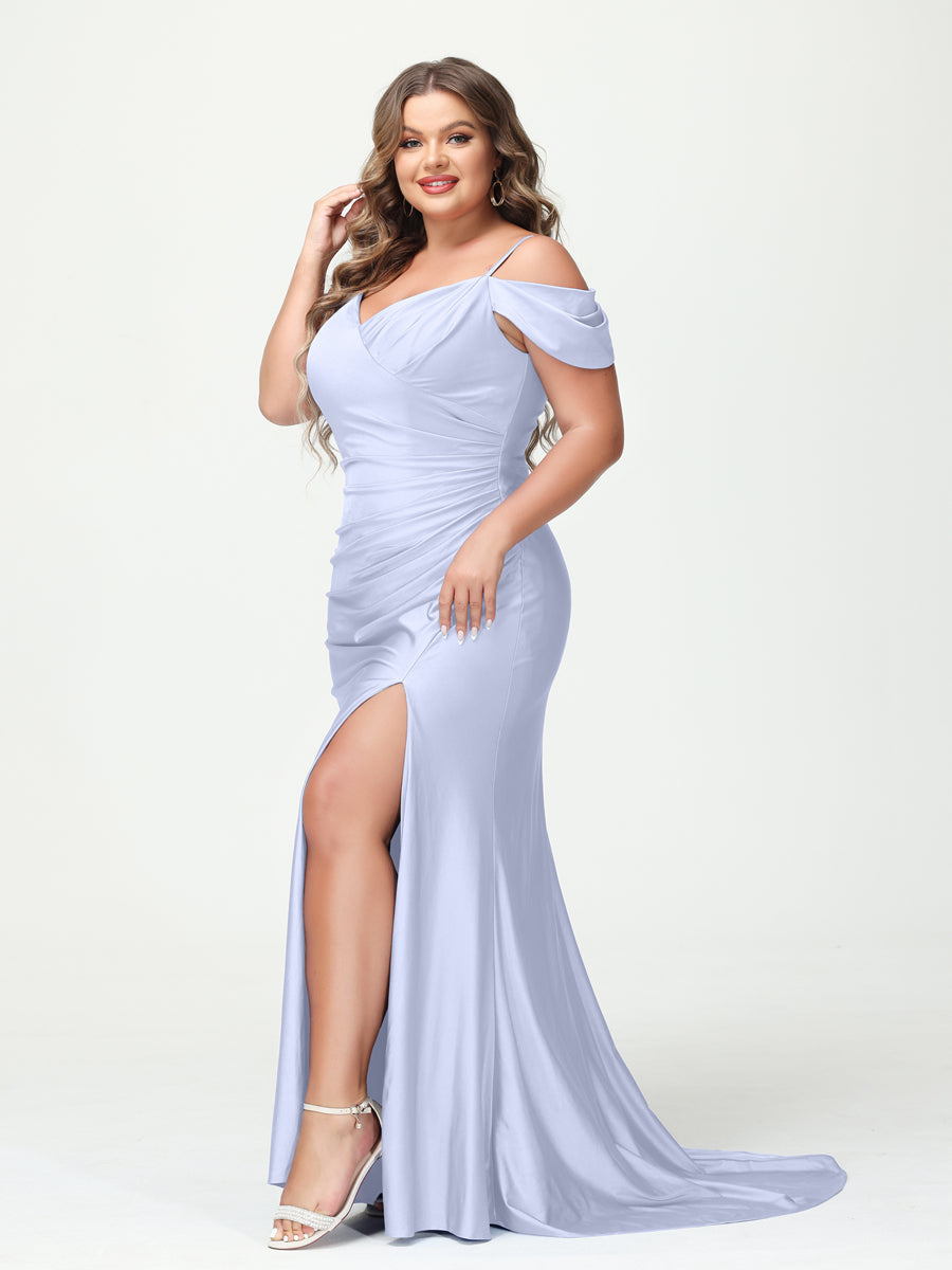 Mermaid Spaghetti Straps V Neck Short Sleeves Plus Size Maxi Dresses with Split Side