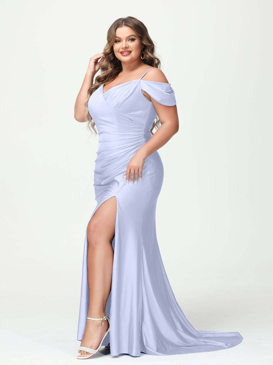 Mermaid Spaghetti Straps V Neck Short Sleeves Plus Size Maxi Dresses with Split Side