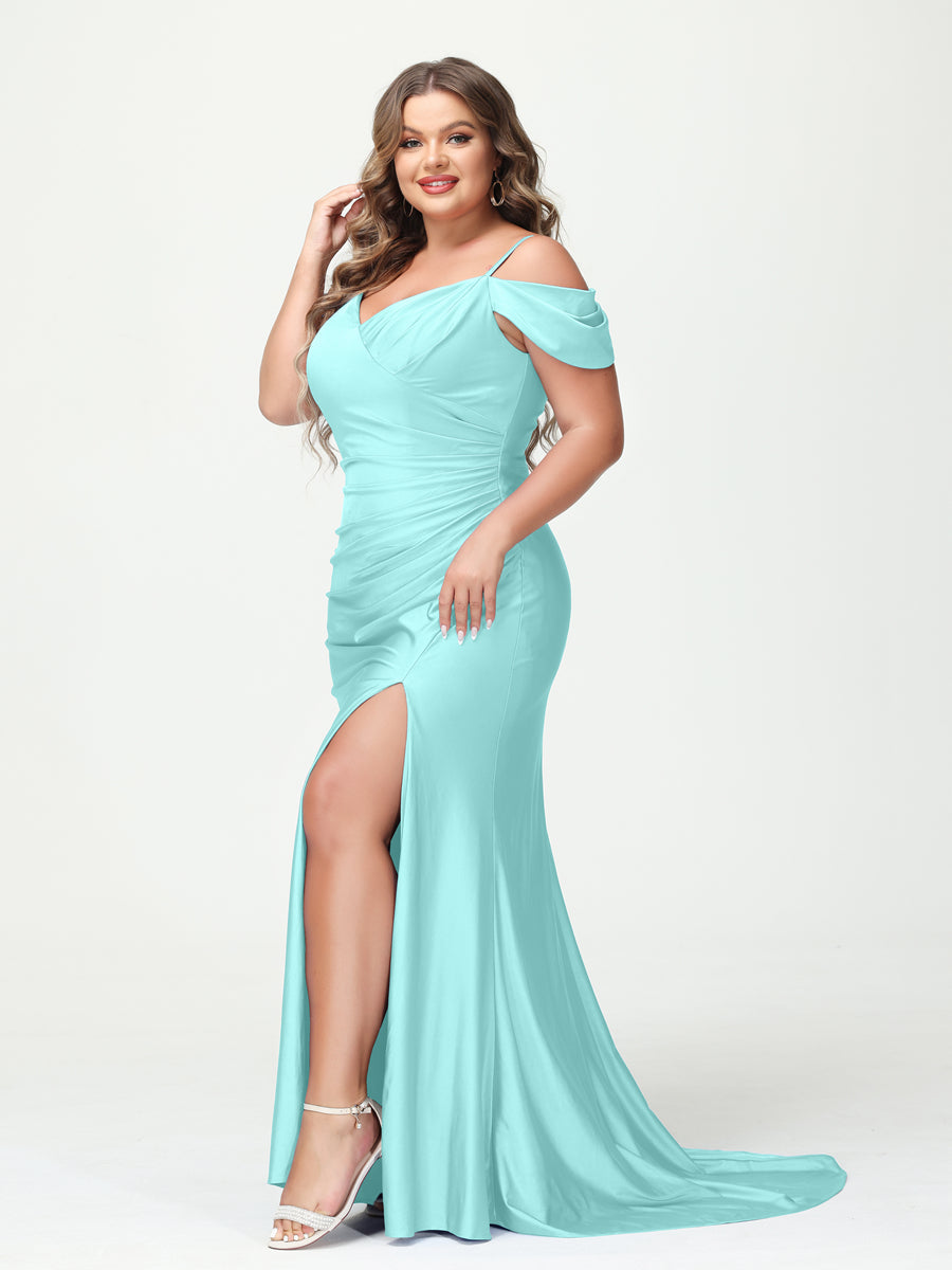 Mermaid Spaghetti Straps V Neck Short Sleeves Plus Size Maxi Dresses with Split Side