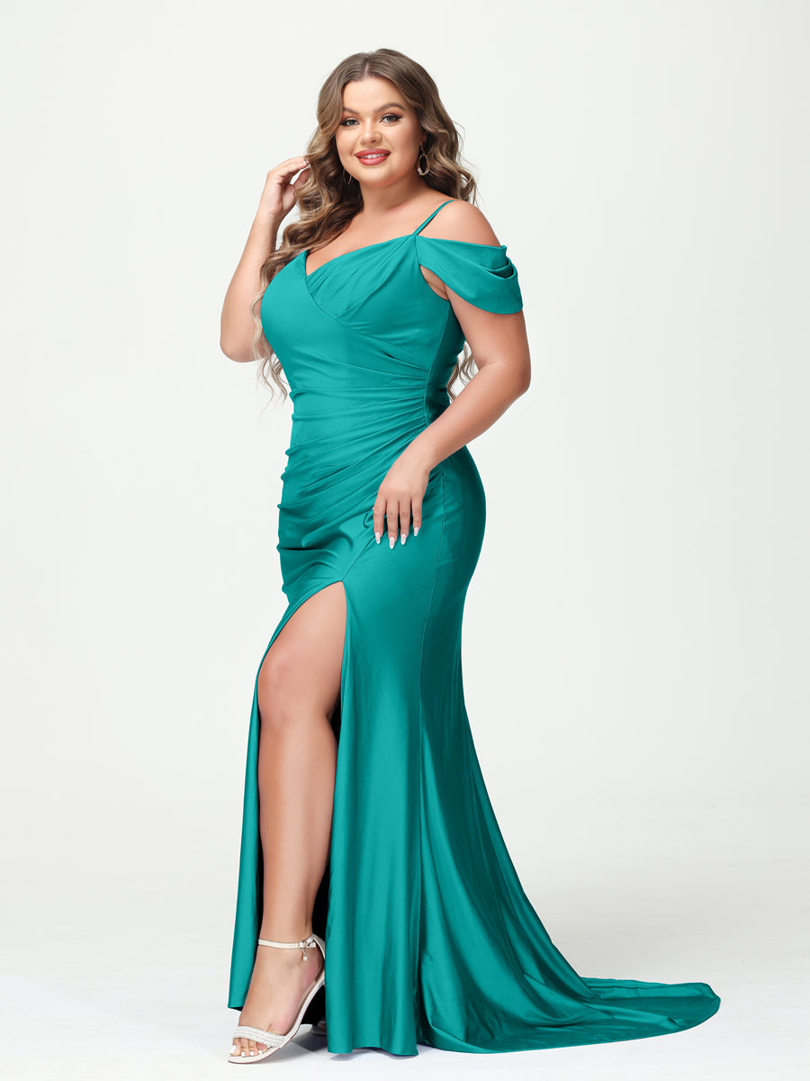 Mermaid Spaghetti Straps V Neck Short Sleeves Plus Size Maxi Dresses with Split Side