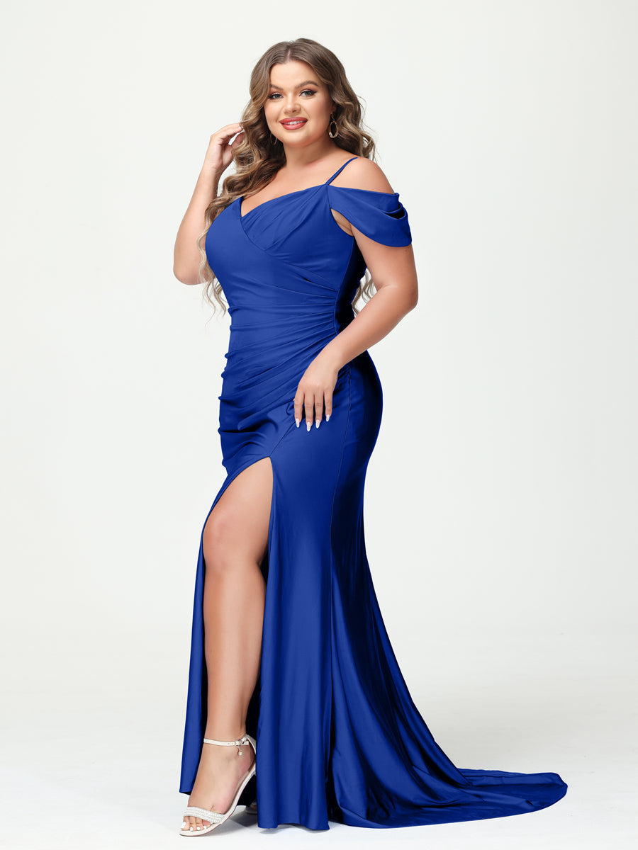 Mermaid Spaghetti Straps V Neck Short Sleeves Plus Size Maxi Dresses with Split Side