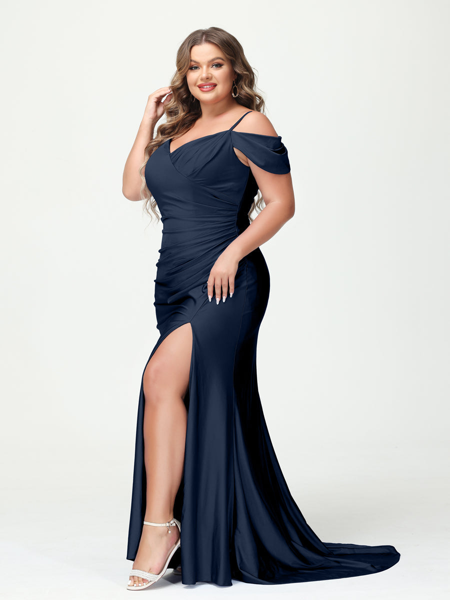 Mermaid Spaghetti Straps V Neck Short Sleeves Plus Size Maxi Dresses with Split Side