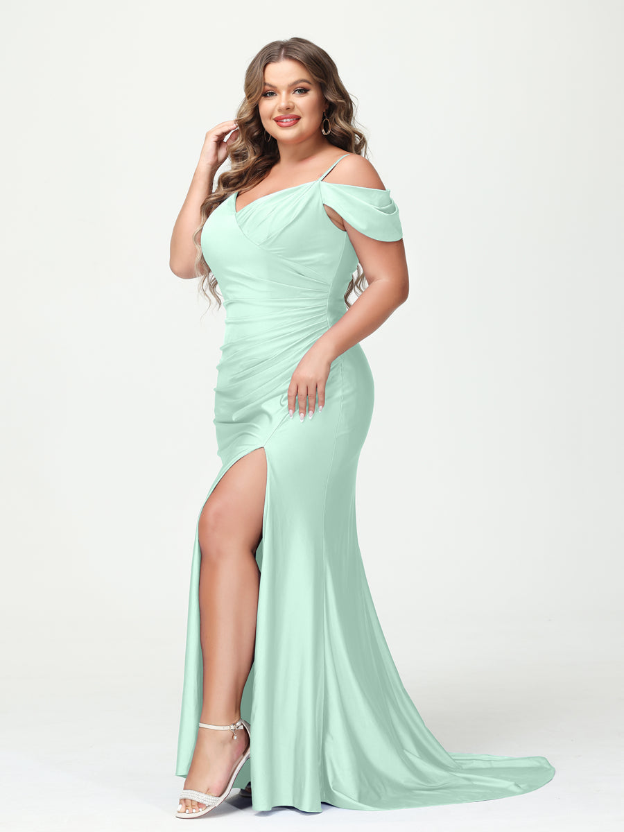 Mermaid Spaghetti Straps V Neck Short Sleeves Plus Size Maxi Dresses with Split Side