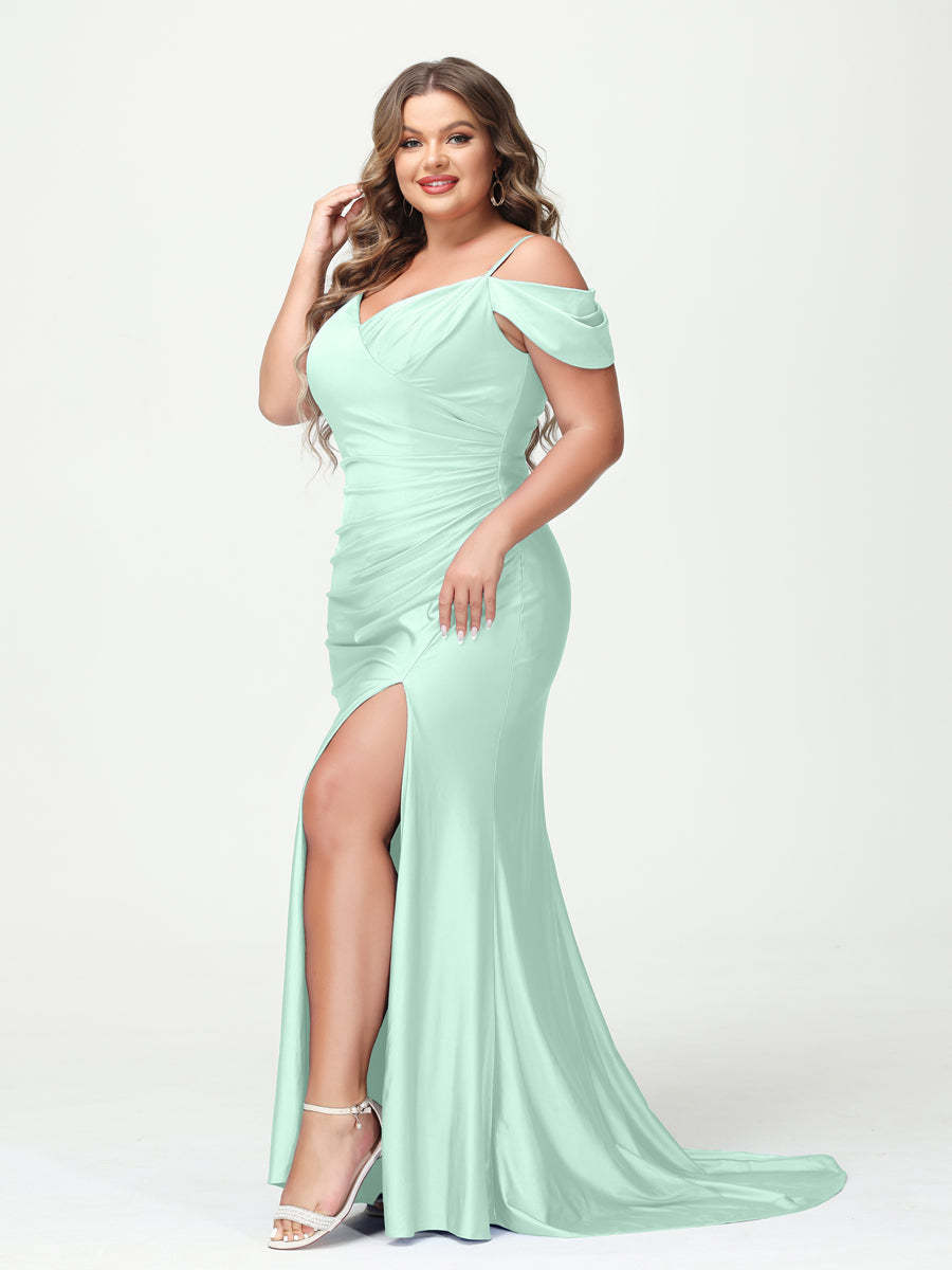 Mermaid Spaghetti Straps V Neck Short Sleeves Plus Size Maxi Dresses with Split Side