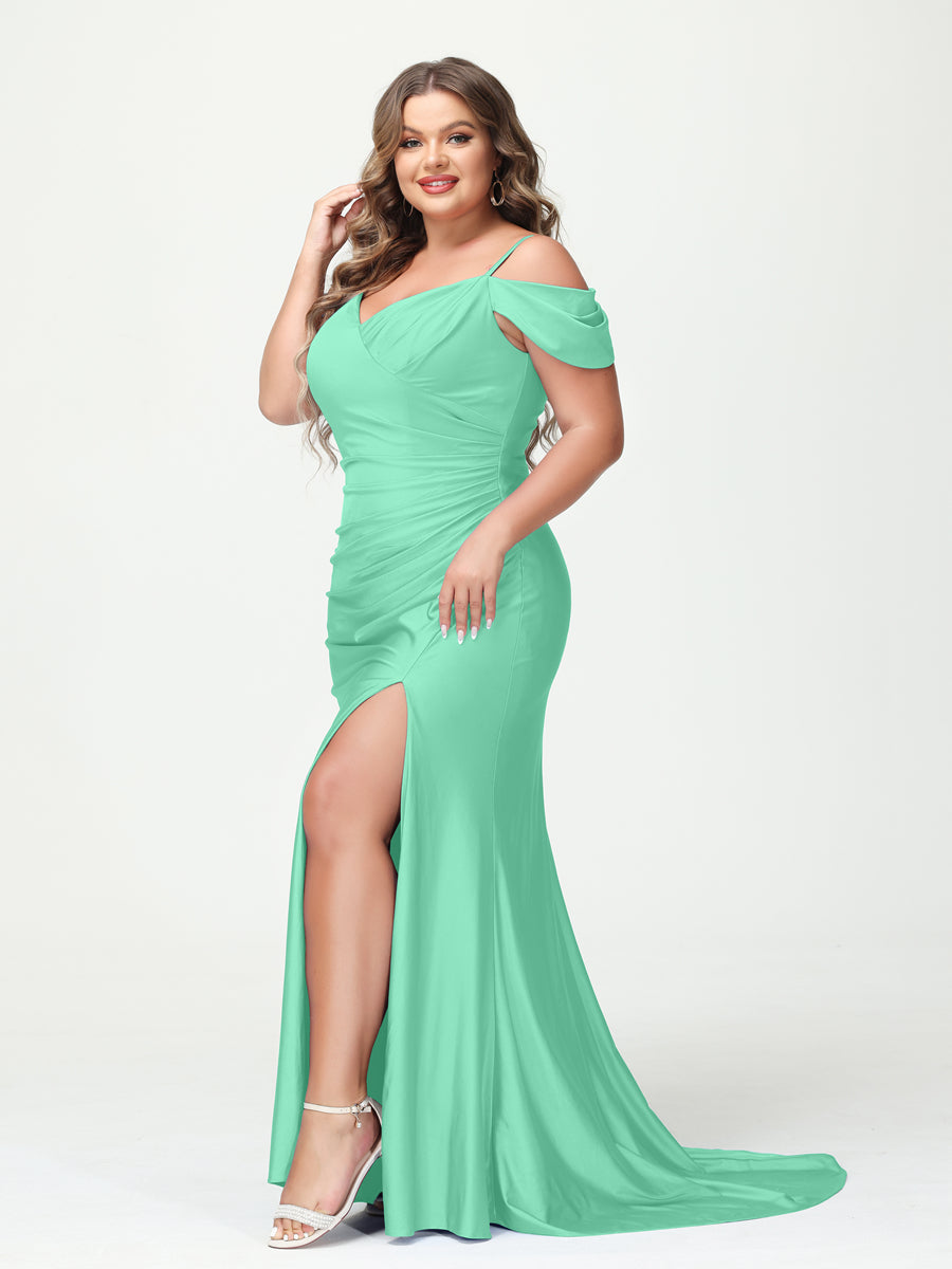 Mermaid Spaghetti Straps V Neck Short Sleeves Plus Size Maxi Dresses with Split Side