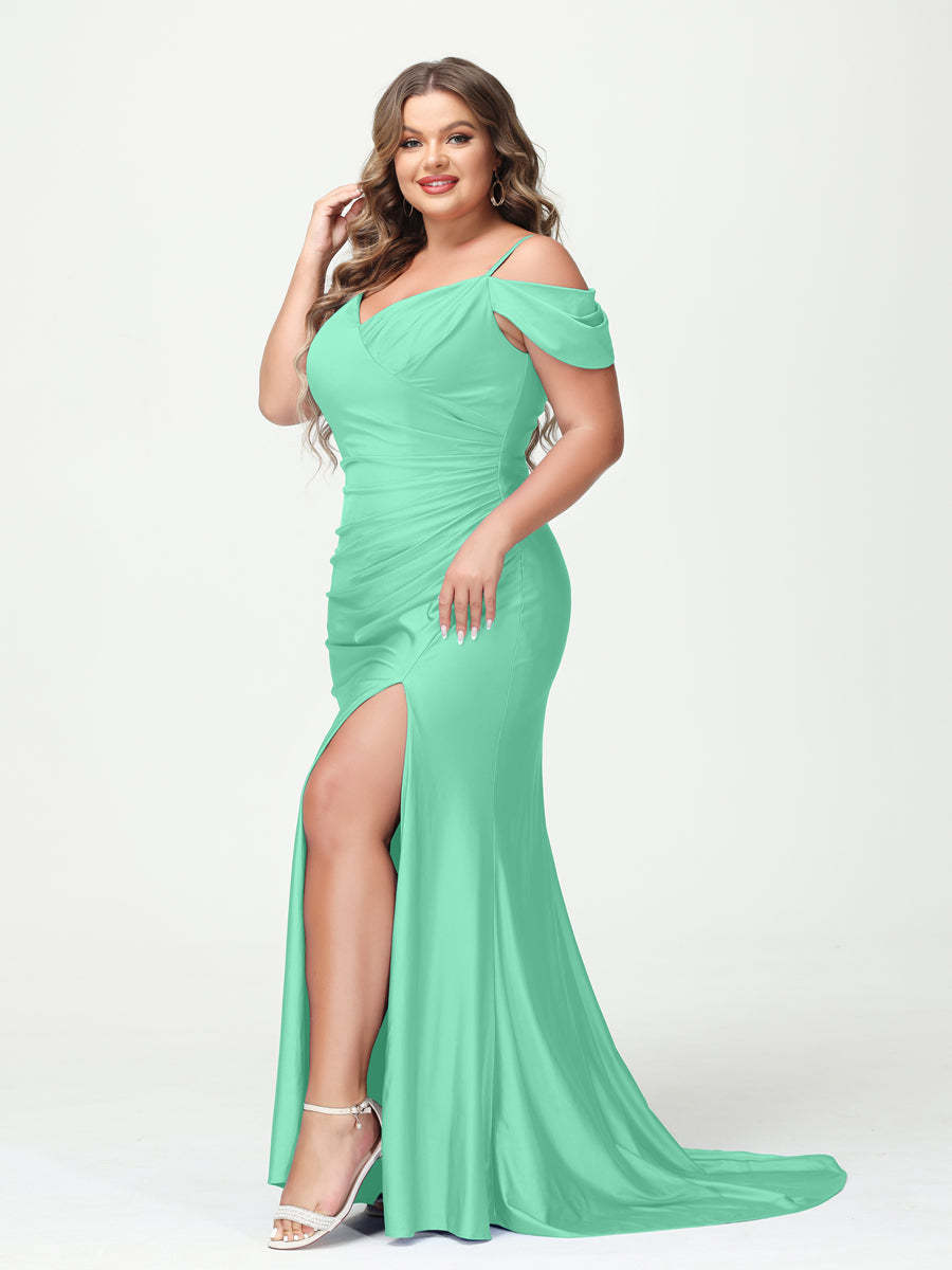 Mermaid Spaghetti Straps V Neck Short Sleeves Plus Size Maxi Dresses with Split Side