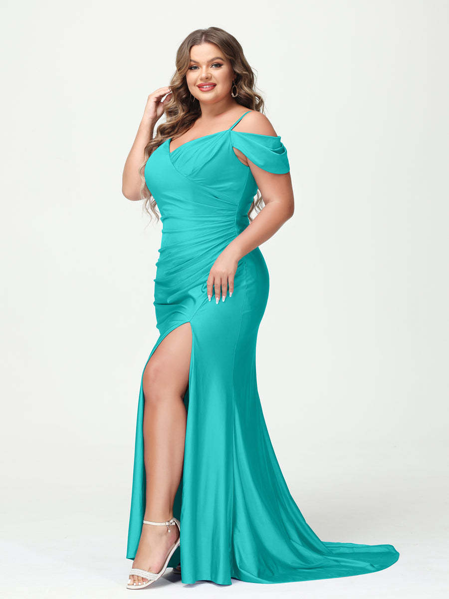 Mermaid Spaghetti Straps V Neck Short Sleeves Plus Size Maxi Dresses with Split Side