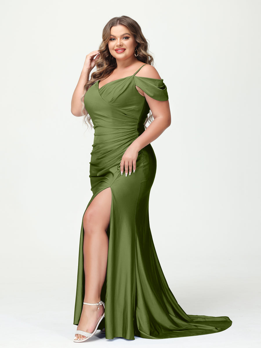 Mermaid Spaghetti Straps V Neck Short Sleeves Plus Size Maxi Dresses with Split Side