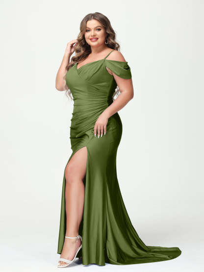 Mermaid Spaghetti Straps V Neck Short Sleeves Plus Size Maxi Dresses with Split Side