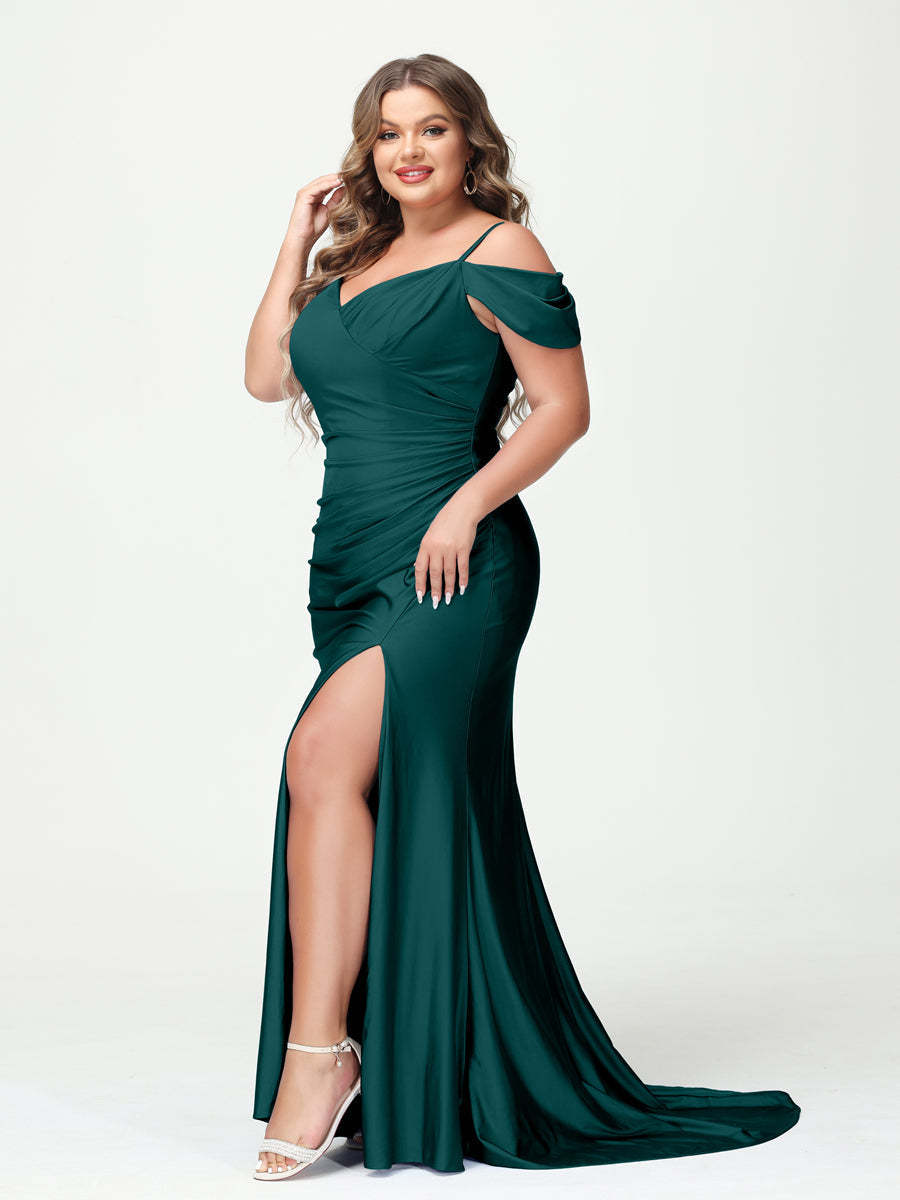 Mermaid Spaghetti Straps V Neck Short Sleeves Plus Size Maxi Dresses with Split Side