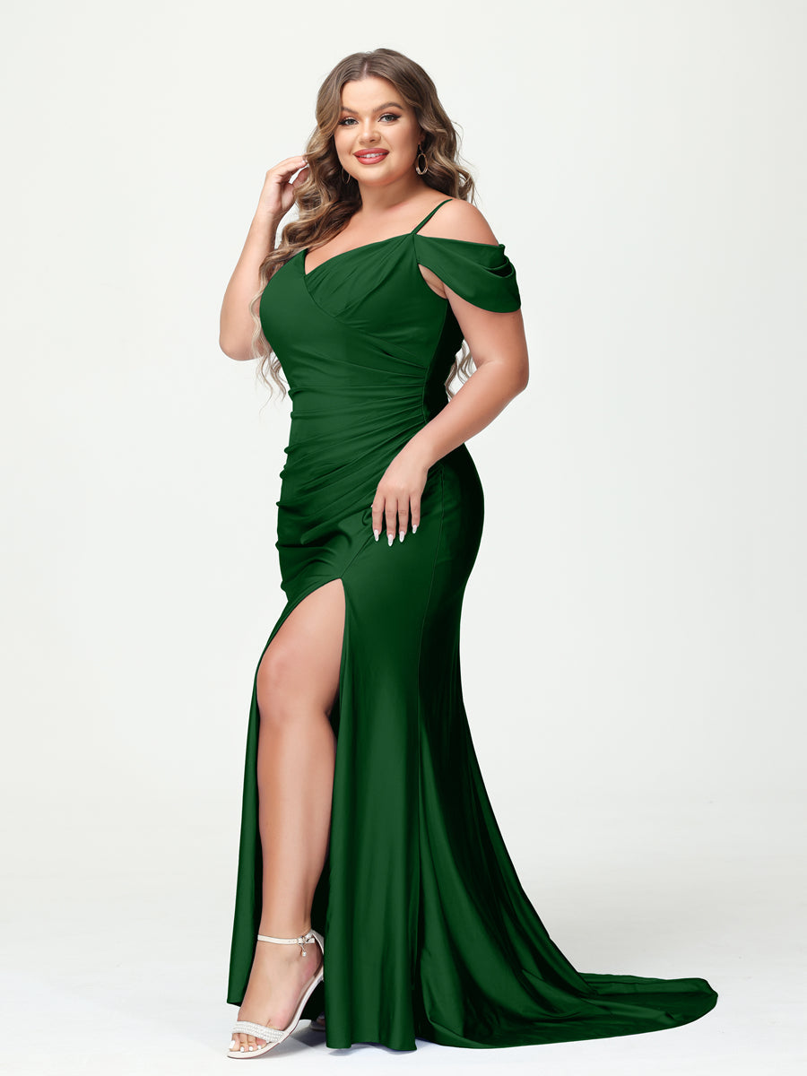 Mermaid Spaghetti Straps V Neck Short Sleeves Plus Size Maxi Dresses with Split Side