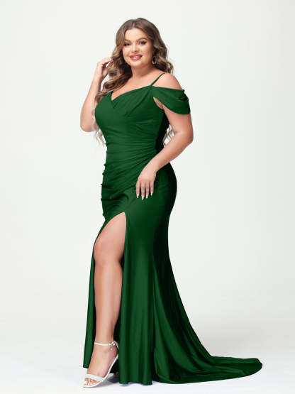 Mermaid Spaghetti Straps V Neck Short Sleeves Plus Size Maxi Dresses with Split Side