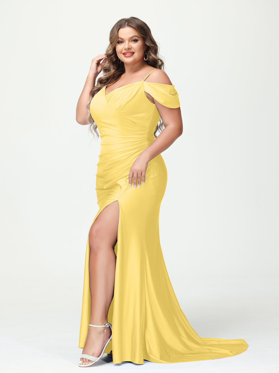 Mermaid Spaghetti Straps V Neck Short Sleeves Plus Size Maxi Dresses with Split Side