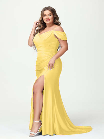Mermaid Spaghetti Straps V Neck Short Sleeves Plus Size Maxi Dresses with Split Side