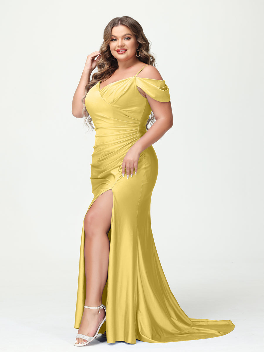 Mermaid Spaghetti Straps V Neck Short Sleeves Plus Size Maxi Dresses with Split Side