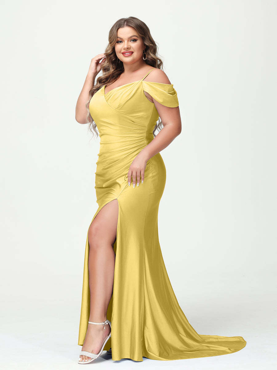 Mermaid Spaghetti Straps V Neck Short Sleeves Plus Size Maxi Dresses with Split Side
