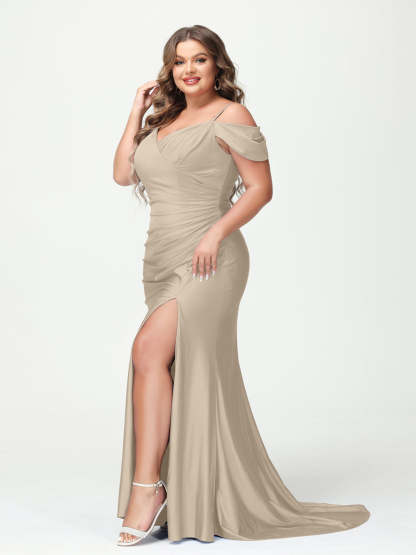 Mermaid Spaghetti Straps V Neck Short Sleeves Plus Size Maxi Dresses with Split Side