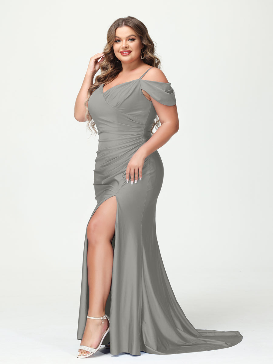 Mermaid Spaghetti Straps V Neck Short Sleeves Plus Size Maxi Dresses with Split Side